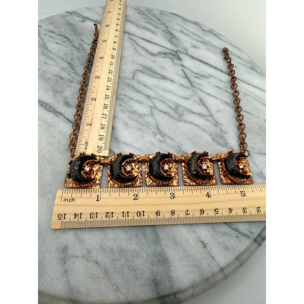 1950s Copper Tone Celestial Bib Necklace Black Confetti Lucite Moons, Whimsigoth - Picture 14 of 15
